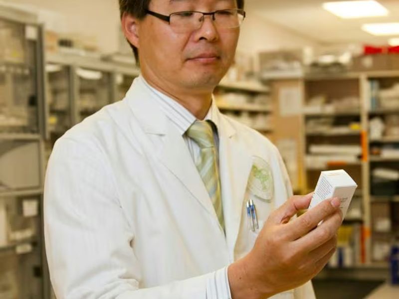 Scene illustrating a Japanese-language telling pharmacist stomach hurts (advanced) conversation