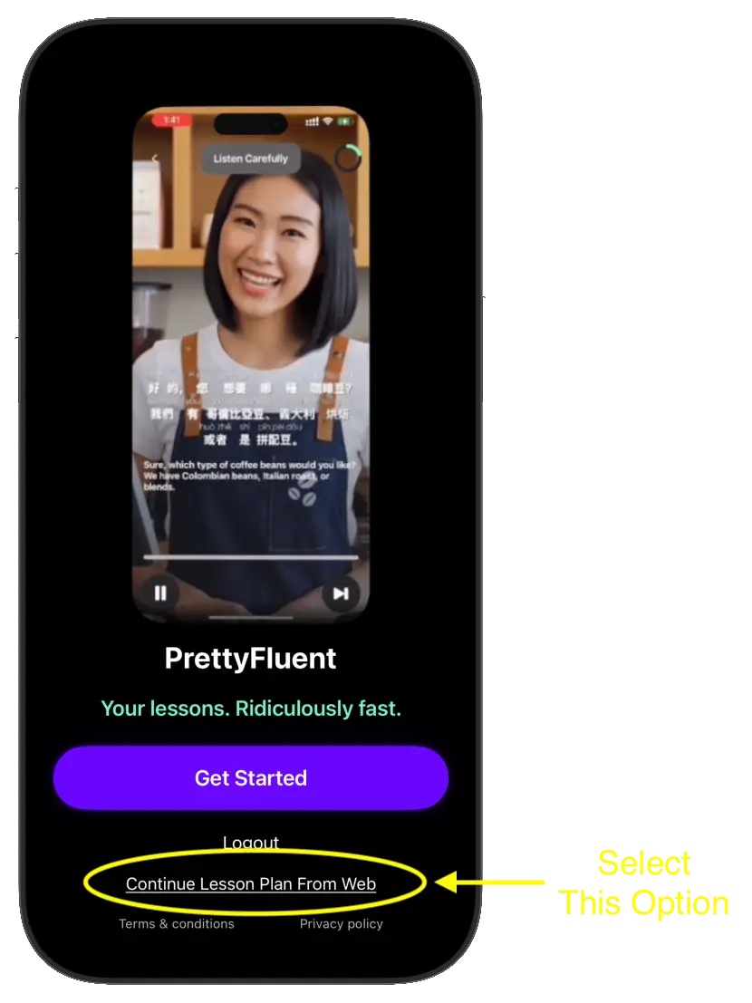 Tap 'Continue Lesson Plan From Web' in the app